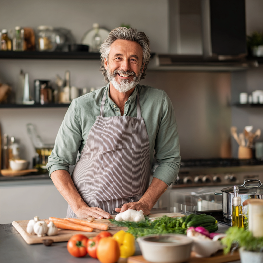 Мъж на 58 години готви здравословна храна в модерна кухня и се усмихва